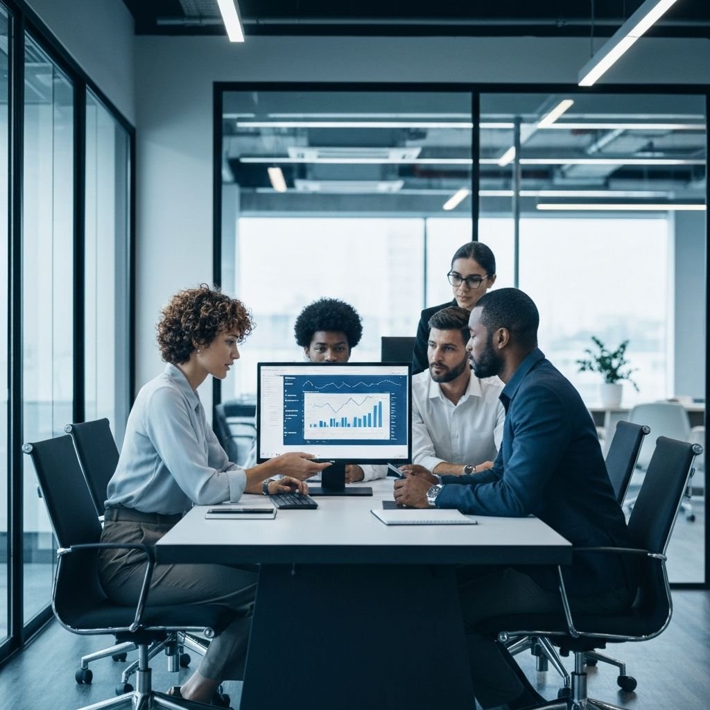 Business owner reviewing marketing performance with professional team